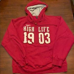 red half zip Miller High Life hoodie